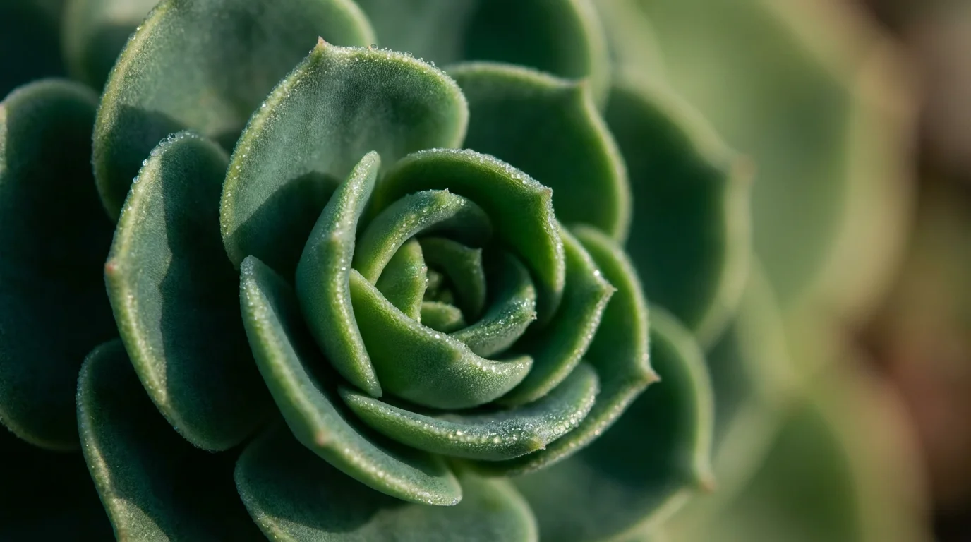 Macro photograph of a green succulent center covered in morning dew, symbolizing introspection and authentic goals.