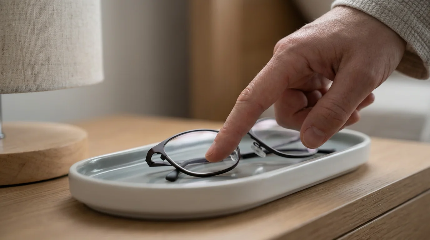 Macro photograph of a hand gently placing reading glasses onto a clean tray, symbolizing intentional tidiness.