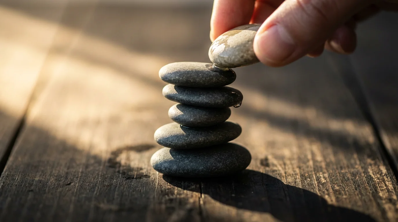 Macro photograph of a hand stacking a new stone onto an established tower of stones, symbolizing habit stacking.