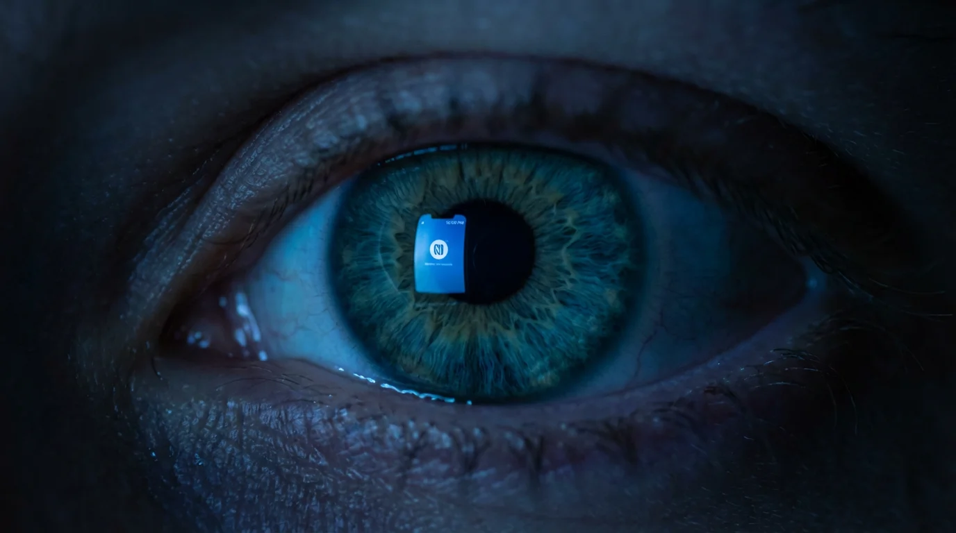 Macro photograph of a human eye reflecting blue smartphone screen light.