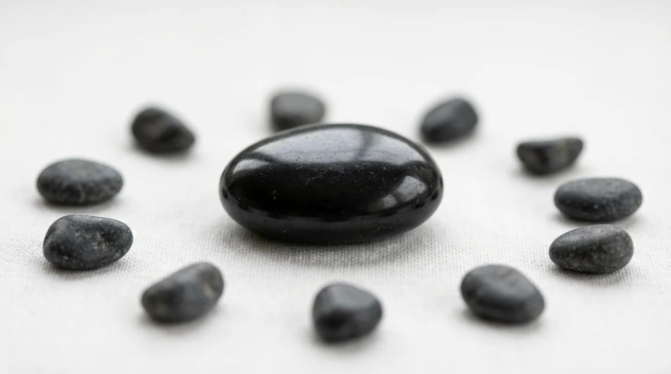 Macro photograph of a large, polished black stone prioritized among smaller, blurred gray pebbles.
