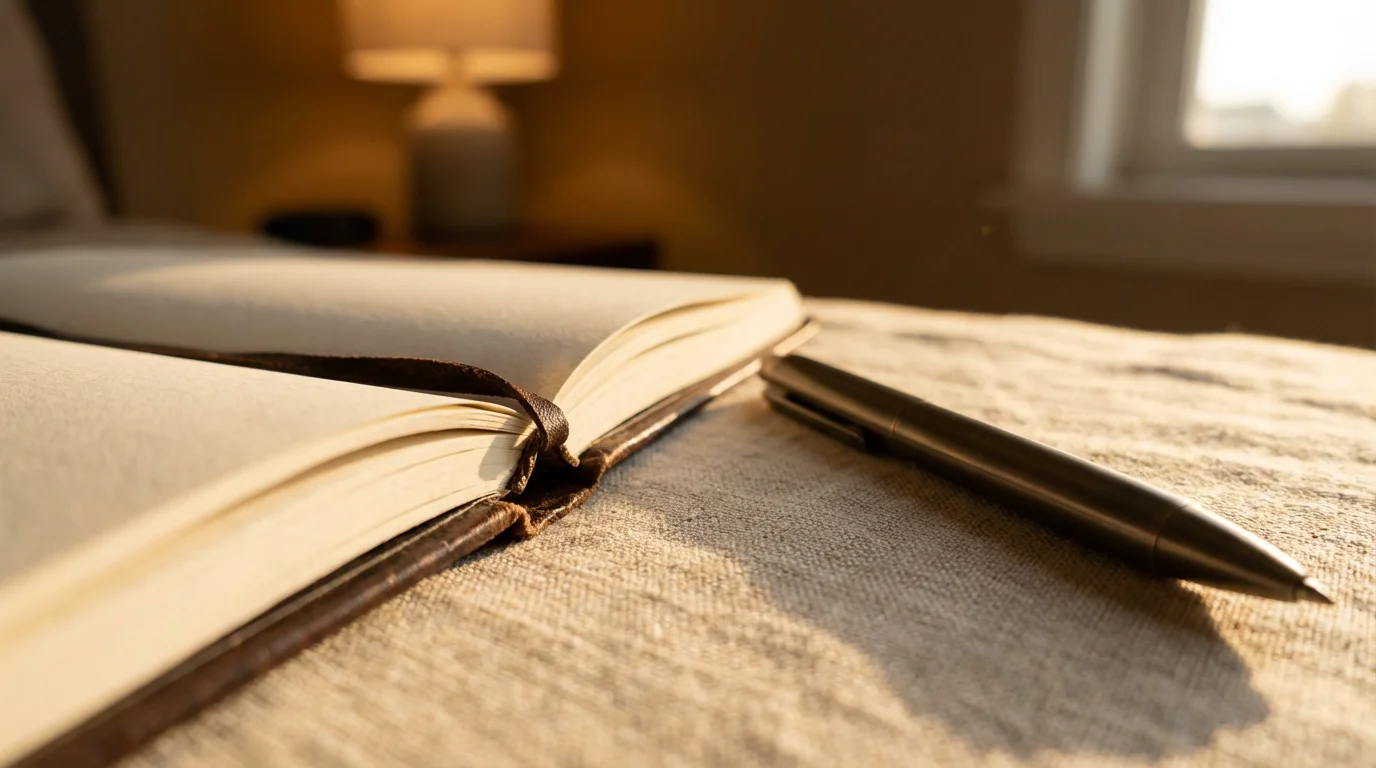 Macro photograph of a leather journal and pen meticulously arranged on a bedside table during golden hour.