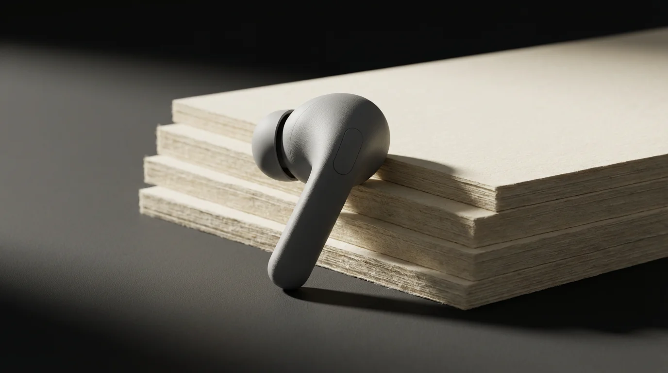 Macro photograph of a matte gray earbud leaning against a stack of documentation cards with dramatic shadows.