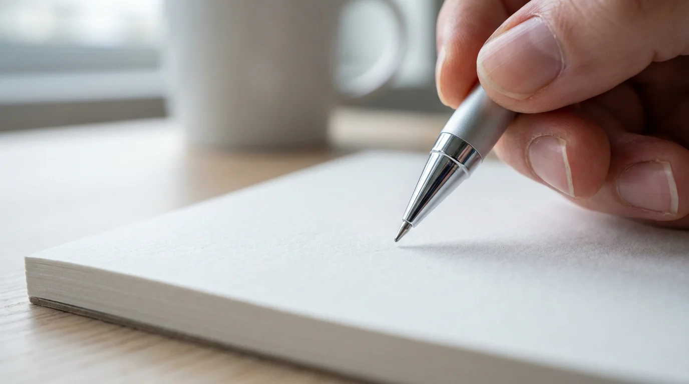 Macro photograph of a mechanical pencil poised over a blank notepad on a bright WFH desk.