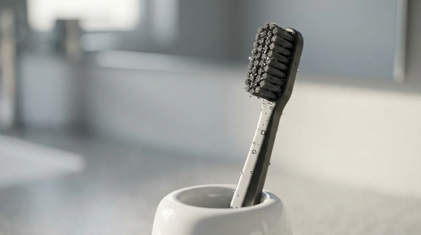 Macro photograph of a minimalist toothbrush with water droplets on a light bathroom counter.