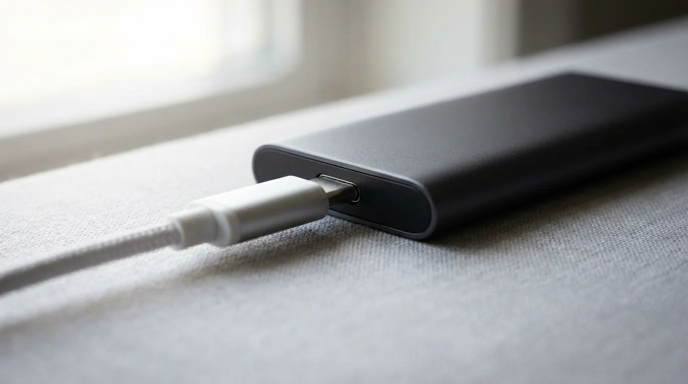 Macro photograph of a modern external SSD and USB-C cable connection, symbolizing data archiving.