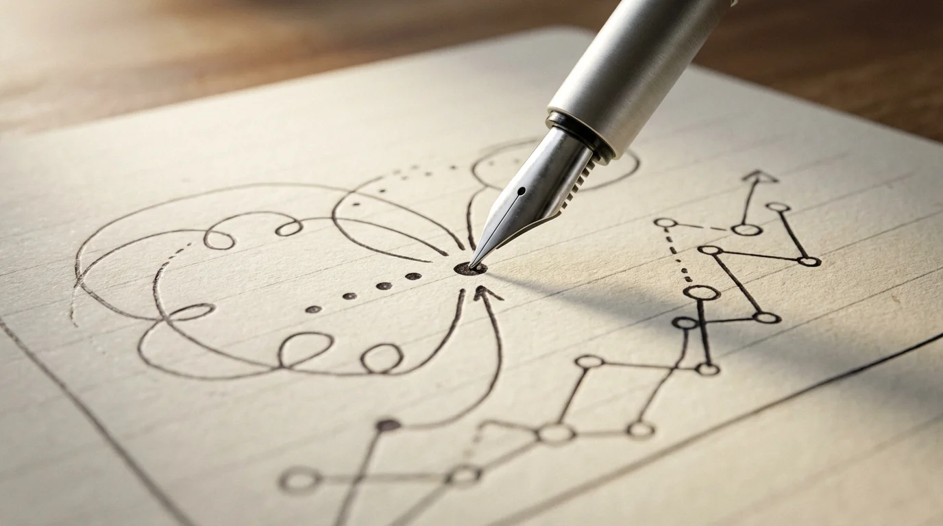 Macro photograph of a pen marking an abstract data point on a professional measurement journal.