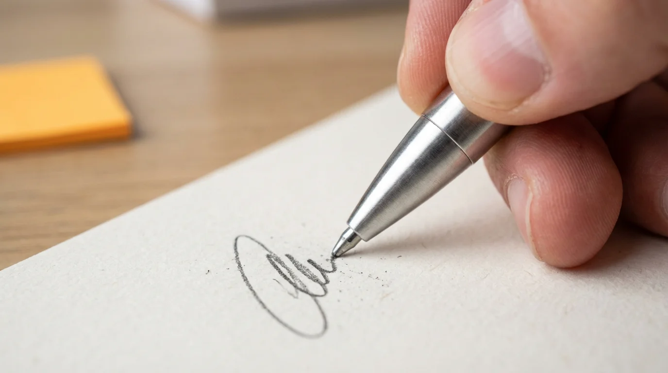 Macro photograph of a pen quickly writing an abstract mark on a notepad, symbolizing interruption capture.