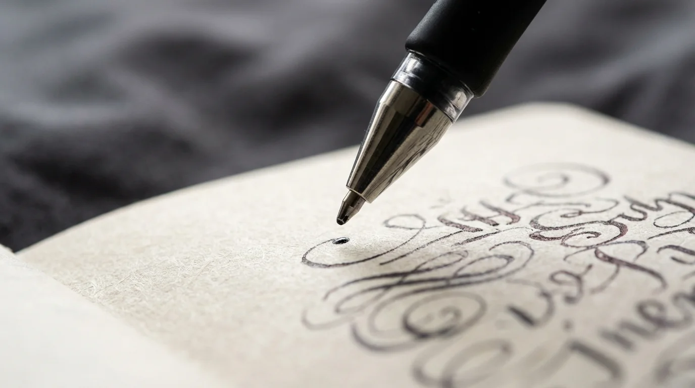 Macro photograph of a pen tip hovering over a densely written journal page, symbolizing mental closure.