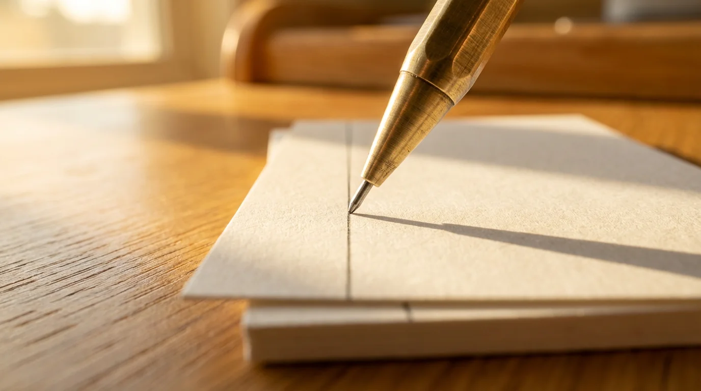Macro photograph of a pencil drawing a precise vertical line on a stack of white index cards during golden hour.