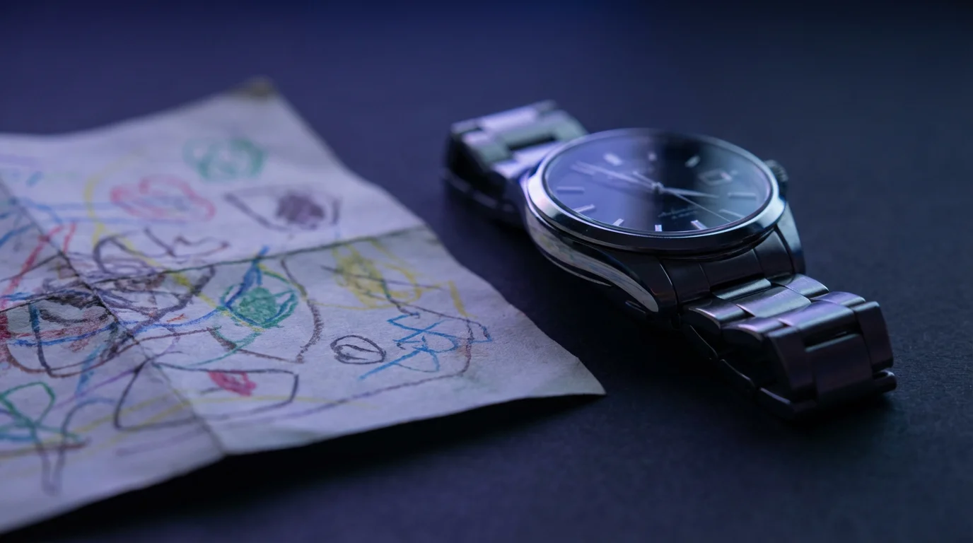 Macro photograph of a professional stainless steel watch placed next to a small, colorful child's drawing.