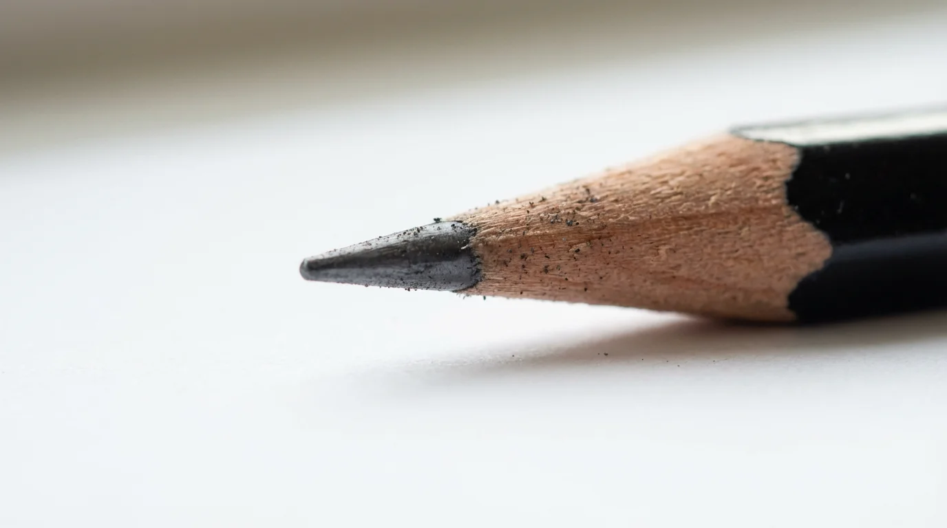 Macro photograph of a sharp pencil tip being subtly eroded by dark grit, symbolizing lost focus and productivity.