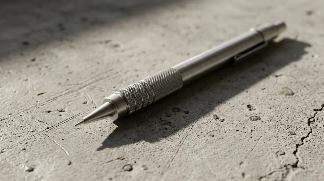 Macro photograph of a silver precision tool casting a long shadow on a concrete surface.