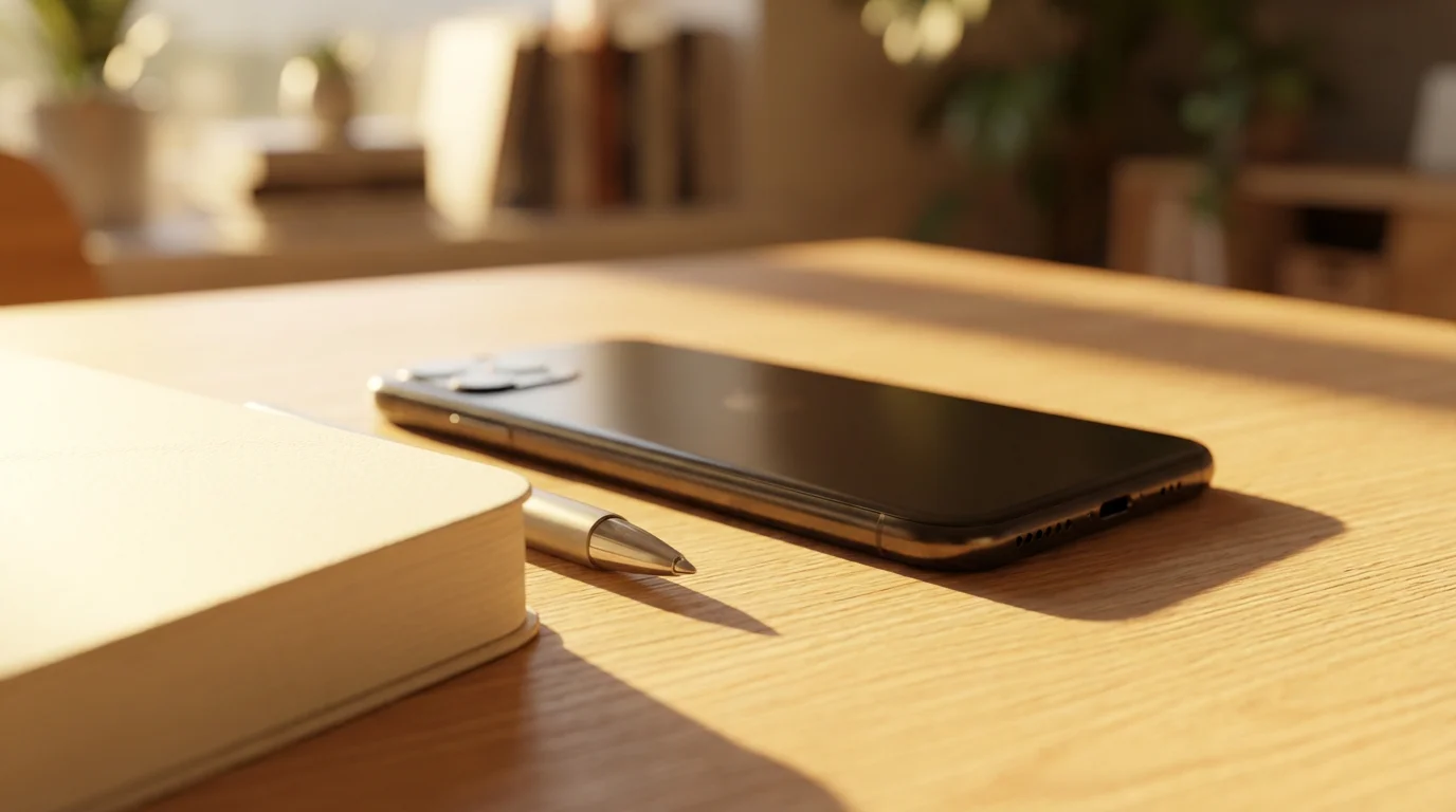 Macro photograph of a smartphone face-down next to a journal, symbolizing deep work focus and transition.