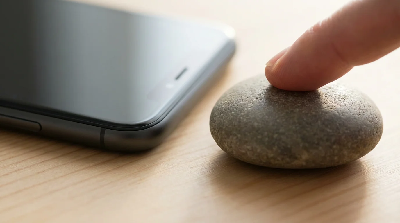 Macro photograph of a smartphone next to a boundary stone under soft morning light.