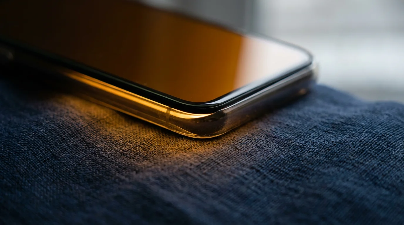 Macro photograph of a smartphone screen emitting warm amber light, resting on deep blue linen fabric.