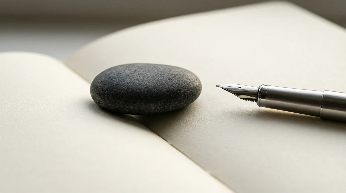 Macro photograph of a smooth stone placed on a blank journal page next to a silver pen tip.