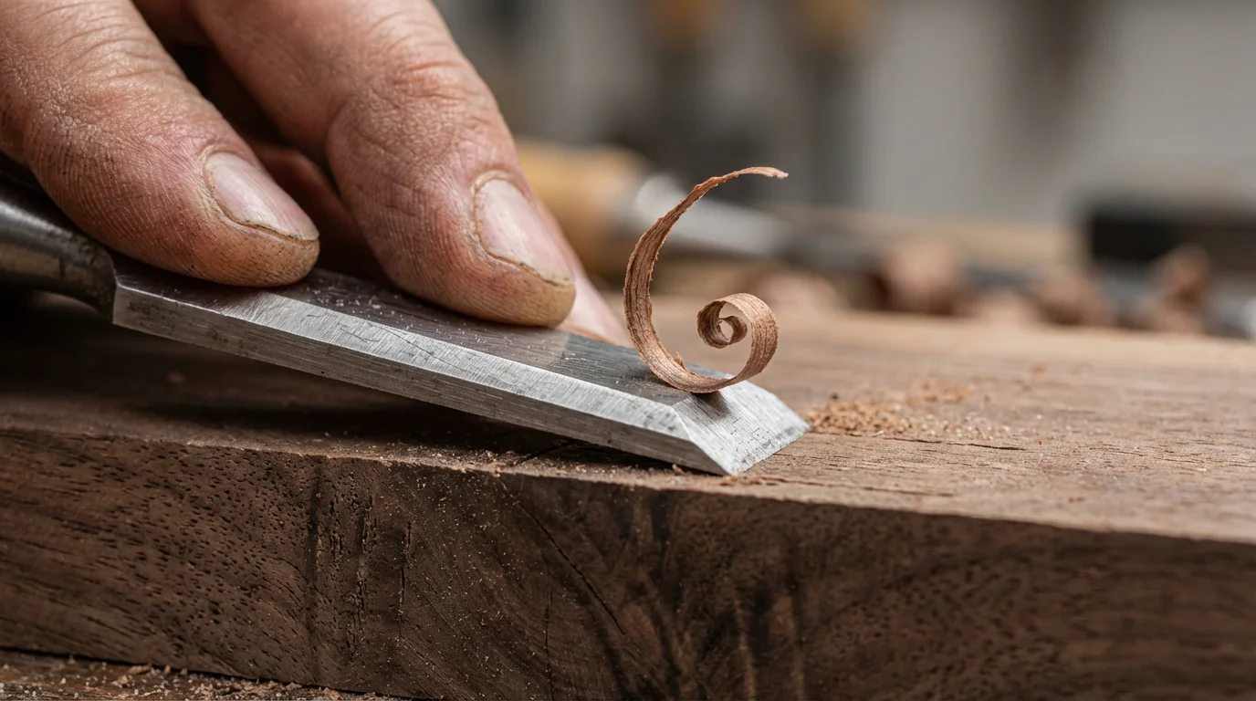 Macro photograph of a wood chisel carving a curl of wood shaving from a board