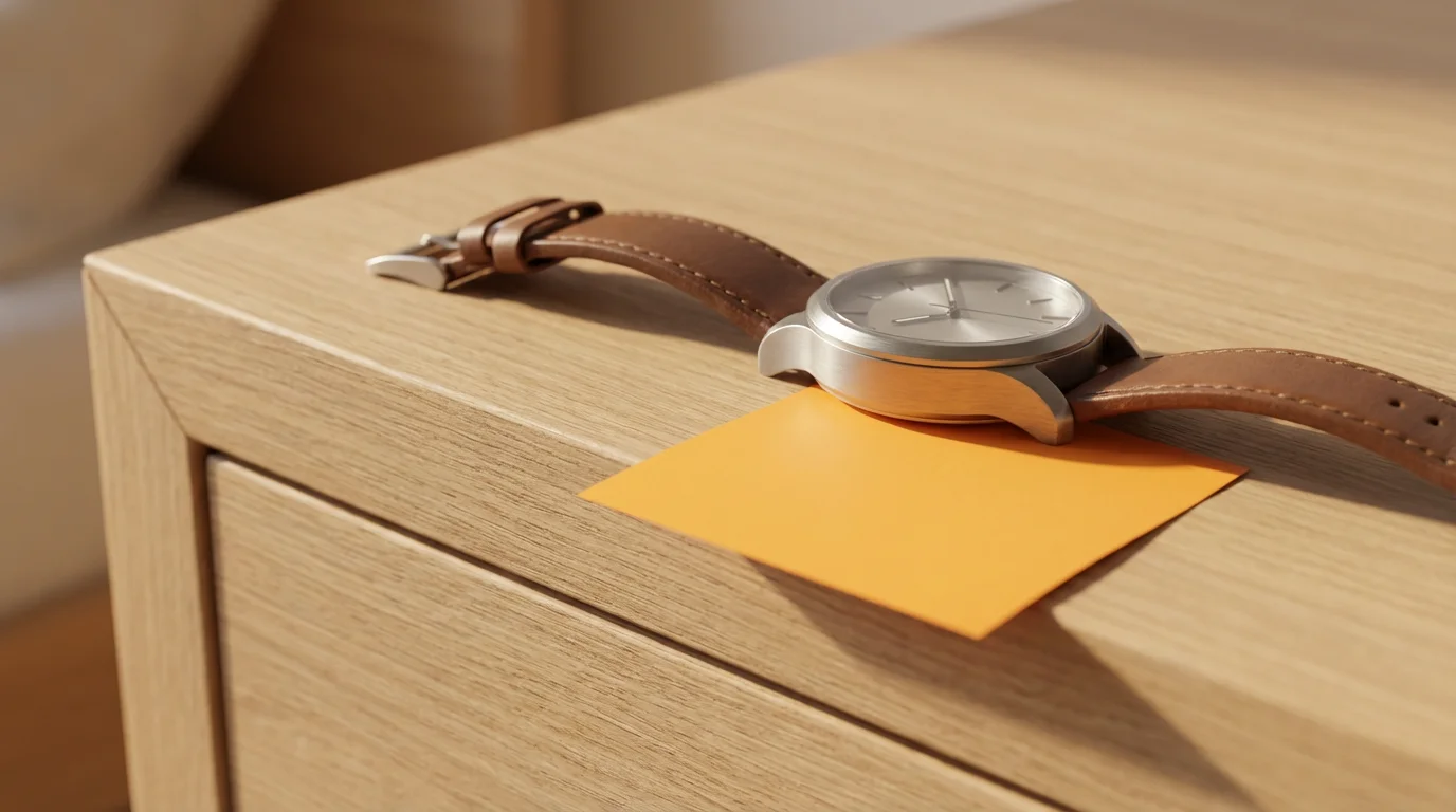 Macro photograph of a wristwatch and a blank sticky note on a minimalist wood surface.
