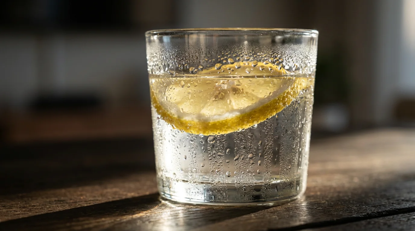 Macro photograph of condensation on a water glass with lemon in moody lighting.