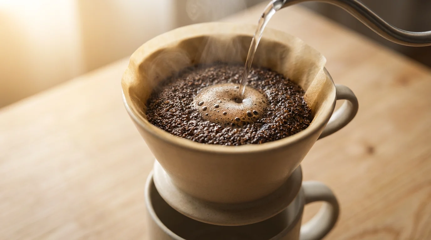 Macro photograph of dark coffee grounds during a slow pour-over brew process illuminated by morning light.