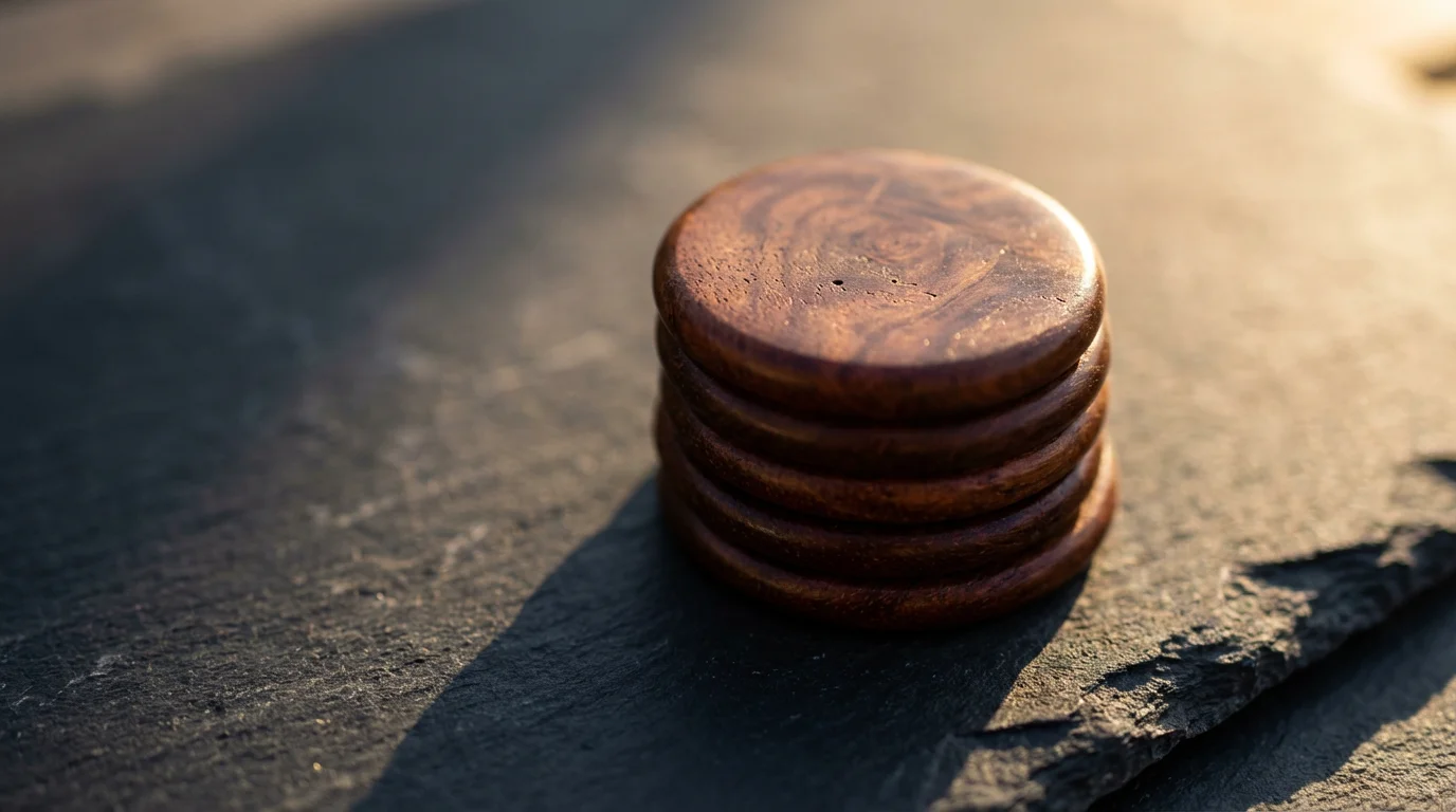 Macro photograph of five stacked wooden tokens casting long, dramatic shadows, symbolizing tracked metrics.