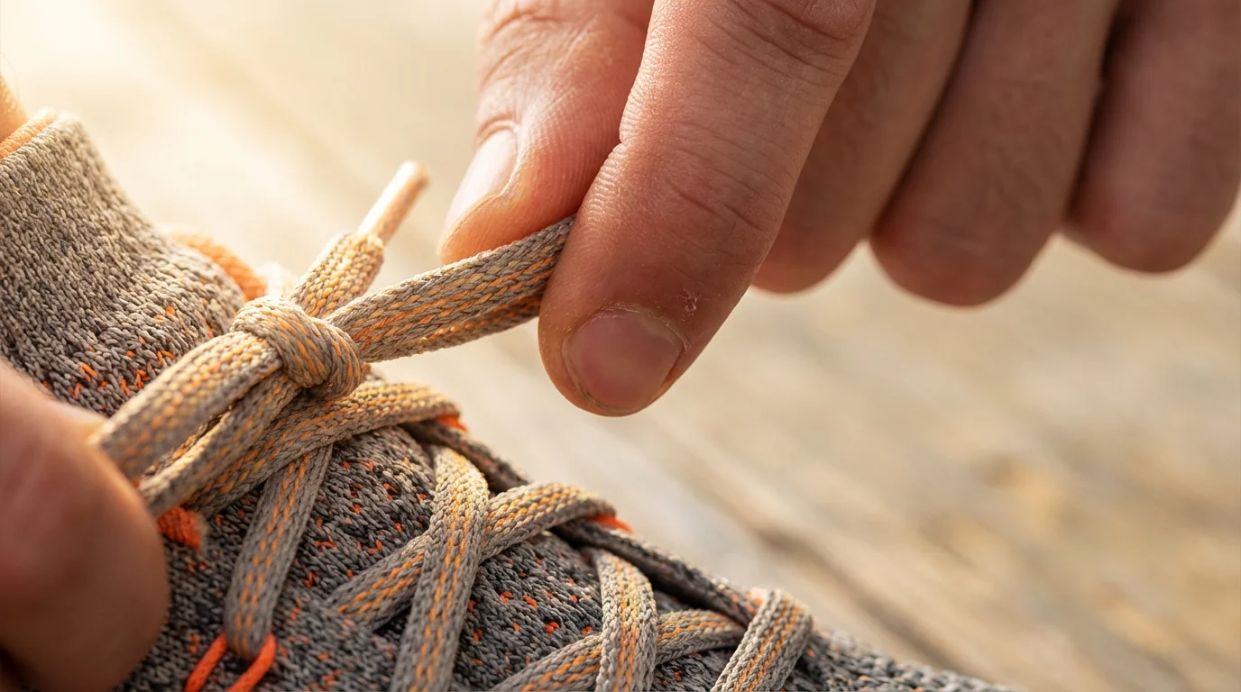 Macro photograph of hands tying sneaker laces in soft morning light representing habit formation.