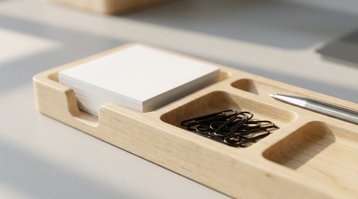 Macro photograph of minimalist desk organizer with paper clips, pen, and sticky notes in soft morning light.