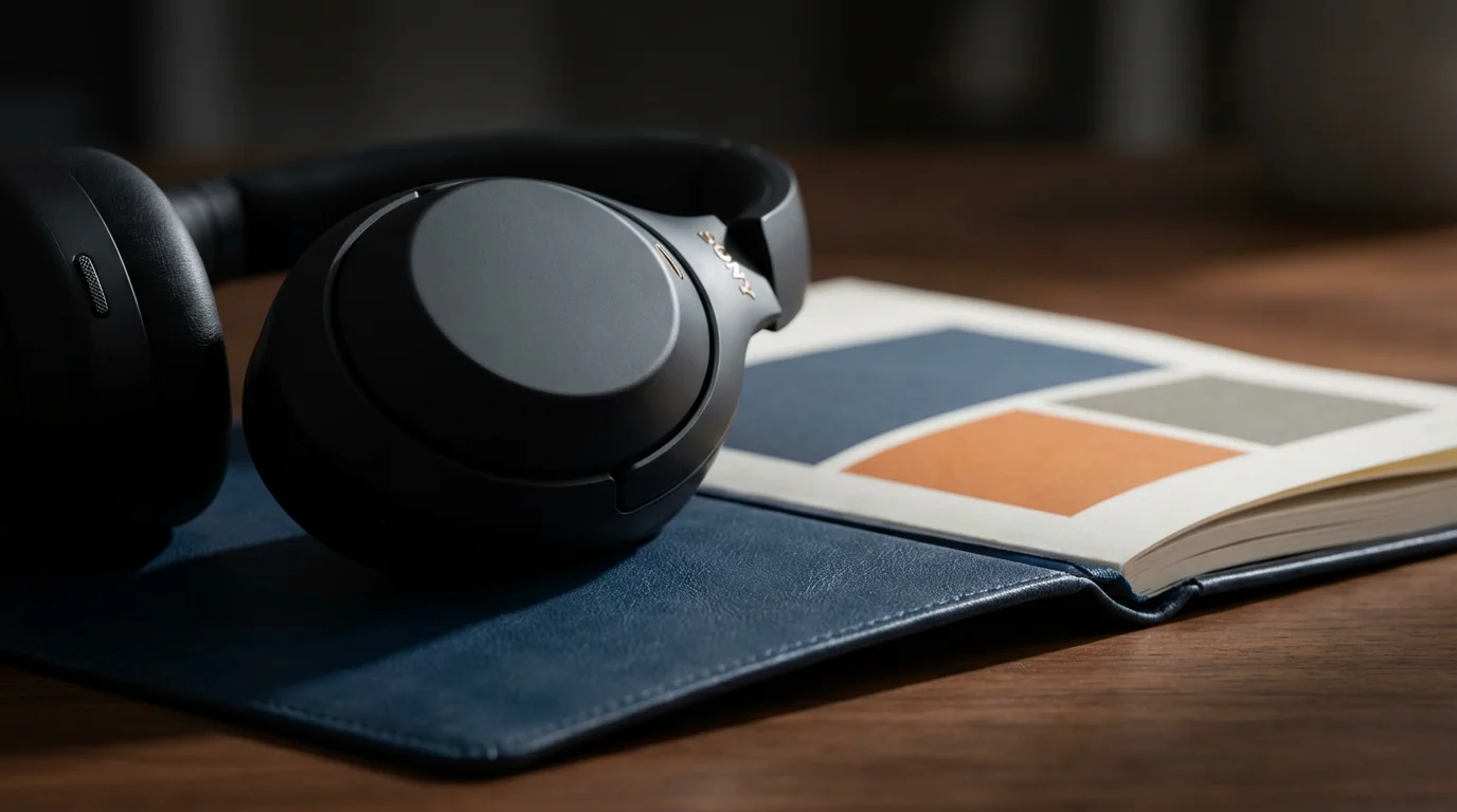 Macro photograph of noise-canceling headphones resting on a schedule planner in shadow.
