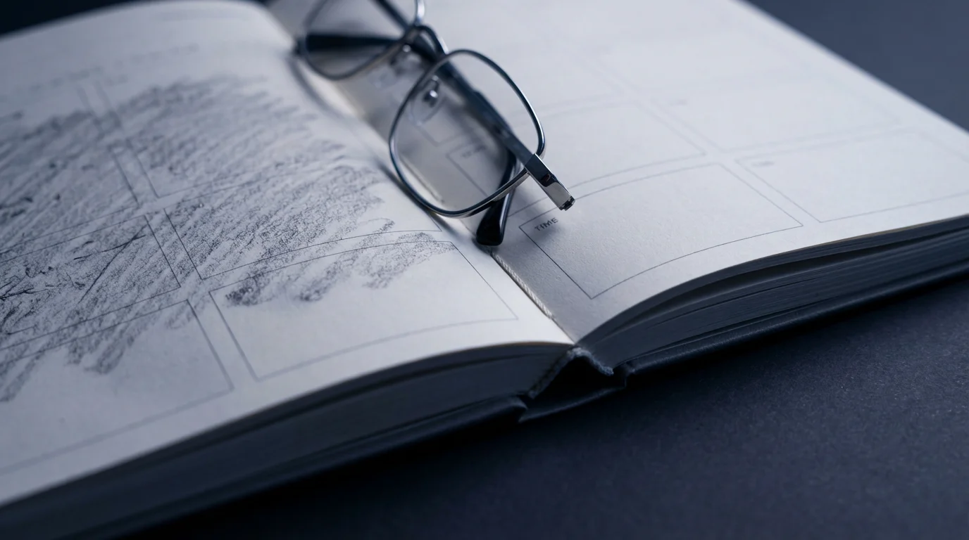 Macro photograph of reading glasses dividing a planner into past and future weeks under blue hour lighting.