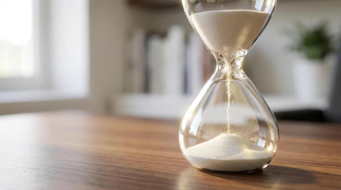 Macro photograph of sand flowing through a modern hourglass in natural light.