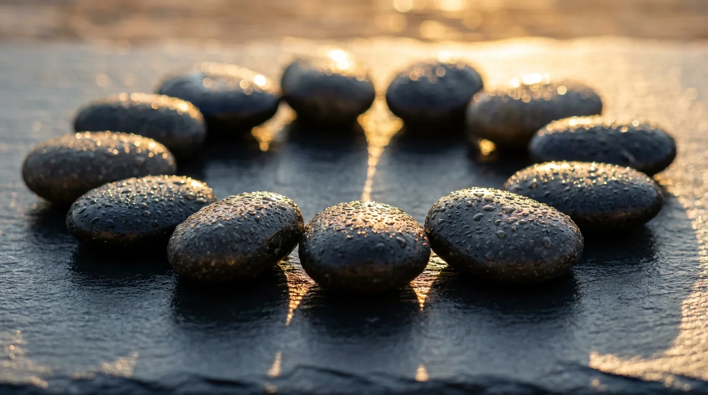 Macro photograph of smooth, wet river stones arranged in a loop, symbolizing the neurological habit cycle.
