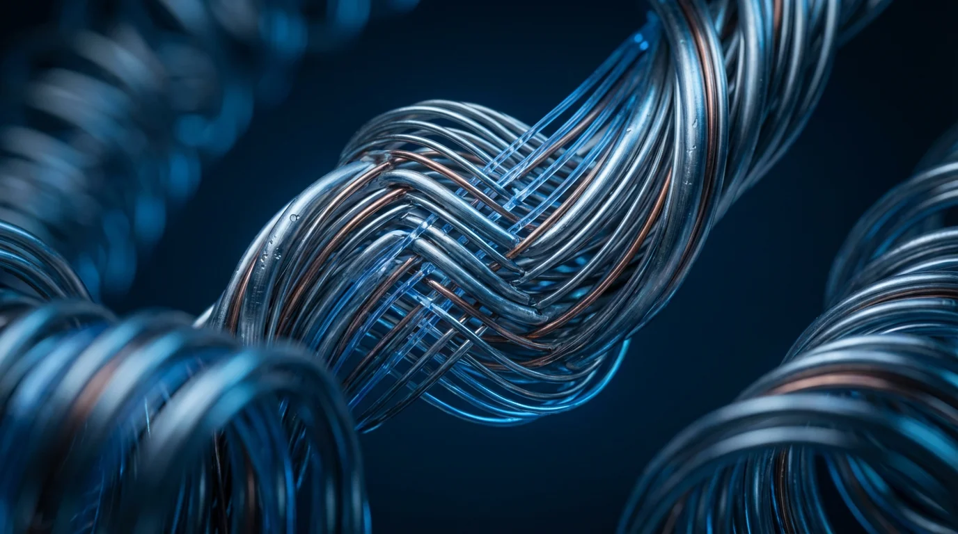 Macro photograph of tangled metallic wires forming a complex loop, illuminated by deep blue hour light.