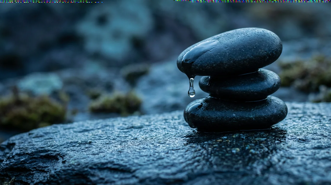 Macro photograph of three balanced stones with a water droplet, symbolizing disciplined flexibility.
