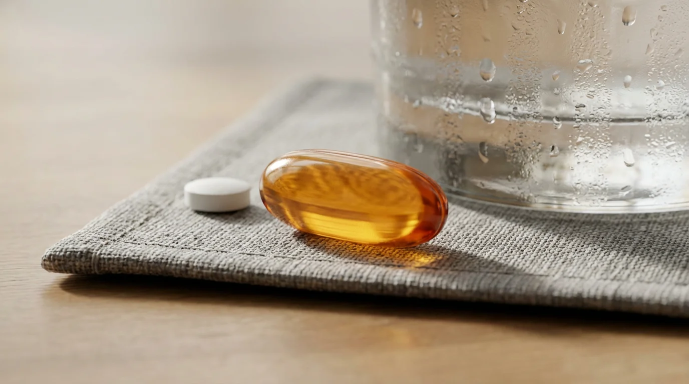 Macro photograph of vitamin supplements on a linen coaster next to a glass of water