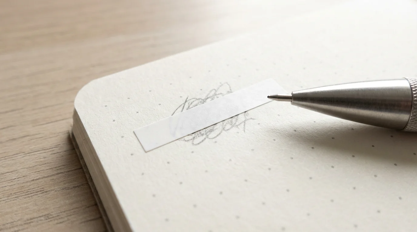 Macro photograph of white correction tape on a planner page symbolizing correcting a setback.