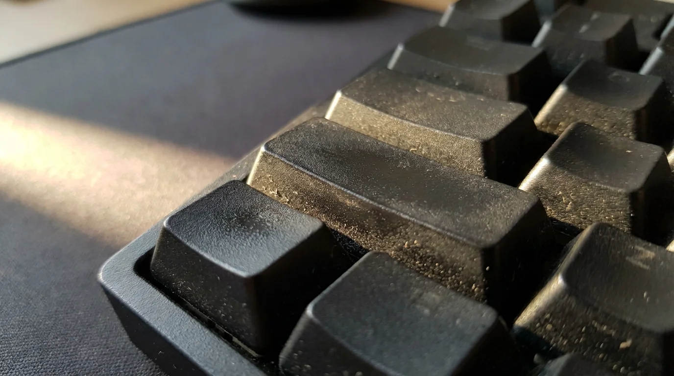 Macro photograph of worn keyboard keys under deep afternoon shadows, symbolizing employee burnout.
