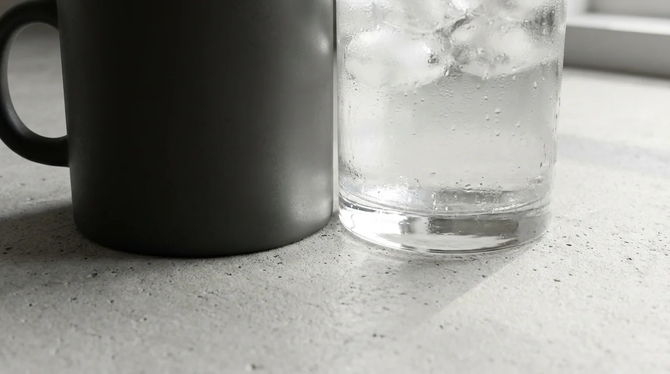 Macro photograph showing a dark coffee mug next to a cold glass of water on a concrete counter.