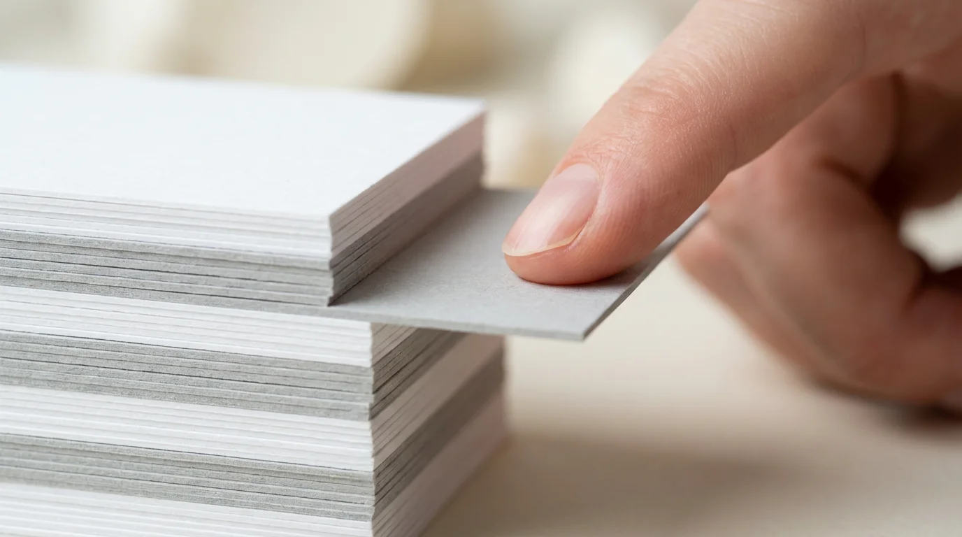 Macro photograph showing a fingertip sorting a neat stack of white and gray decision-making cards.