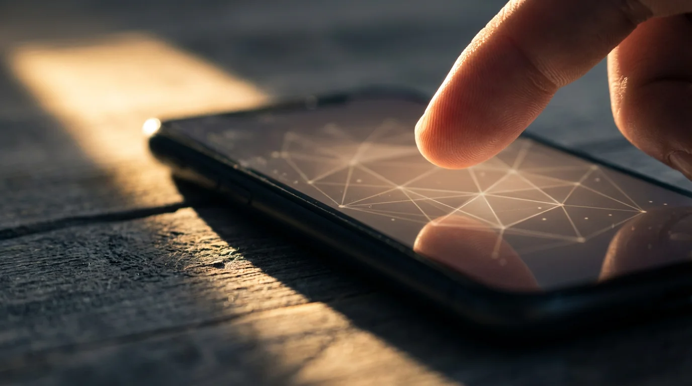 Macro photograph showing a hand's shadow over a smartphone screen ready to start a time audit.