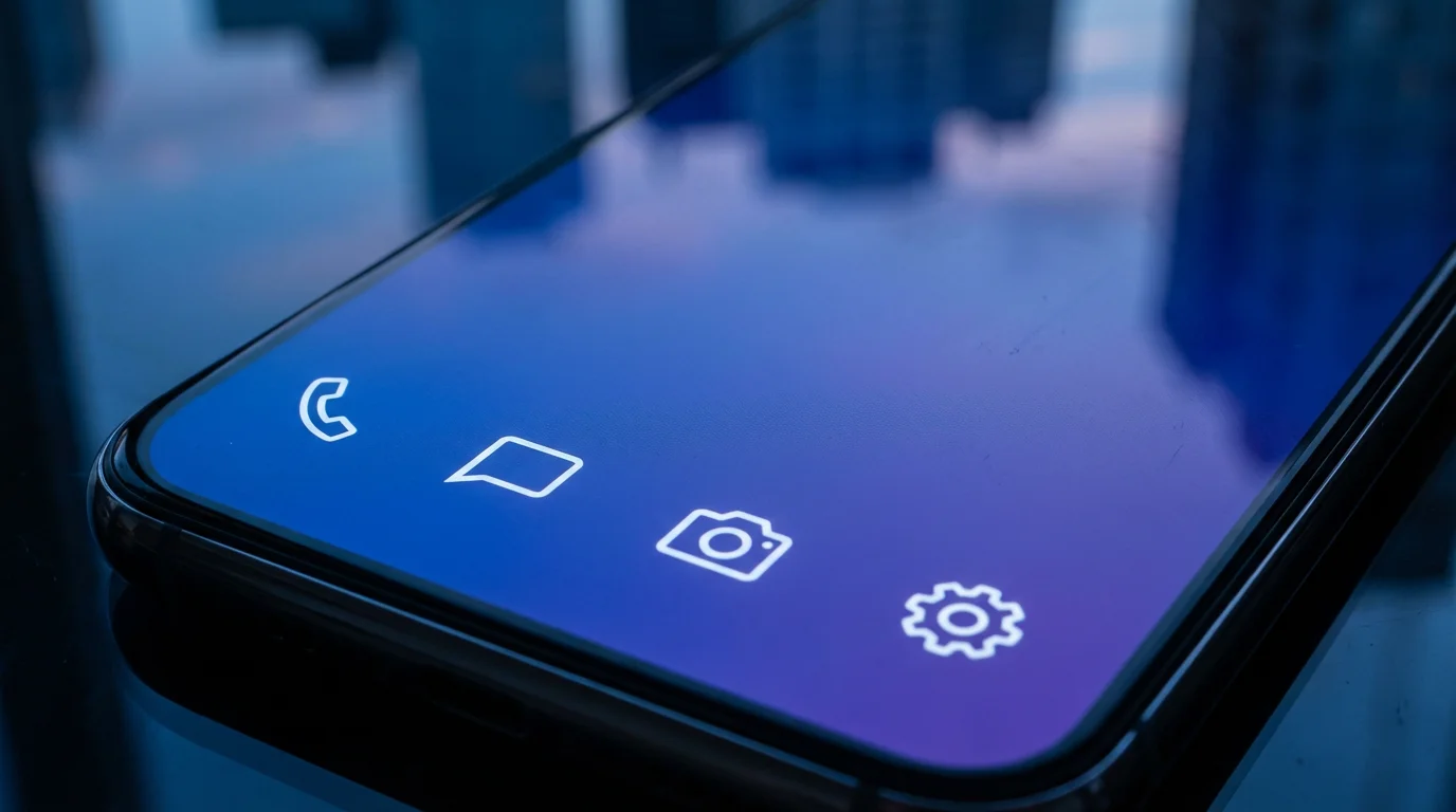 Macro photograph showing a smartphone's minimalist home screen with essential apps during blue hour.