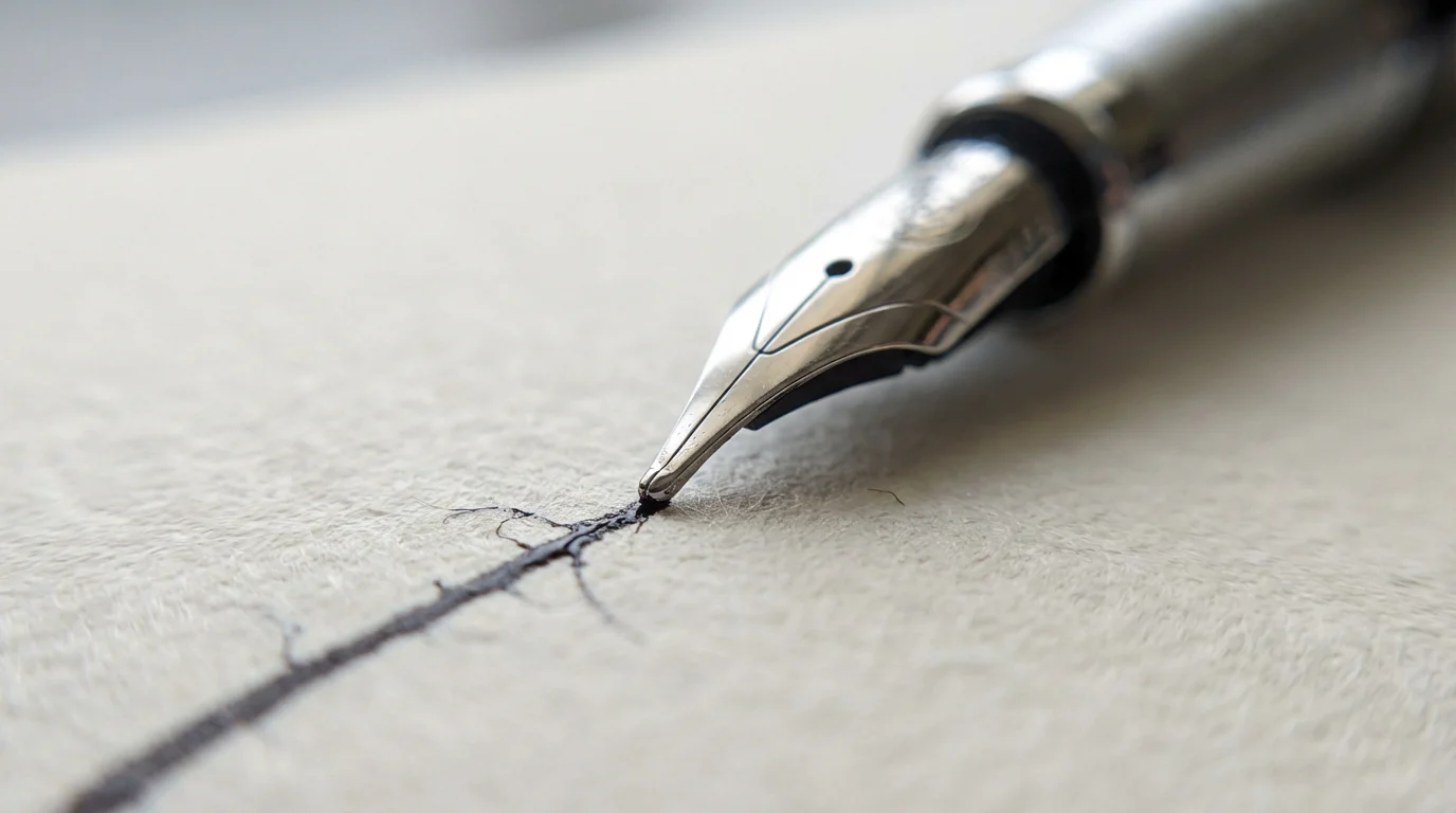 Macro photography close-up of a fountain pen nib writing on textured paper.