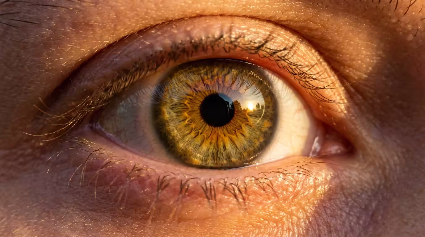 Macro photography close-up of a hazel human eye illuminated by warm golden hour sunlight