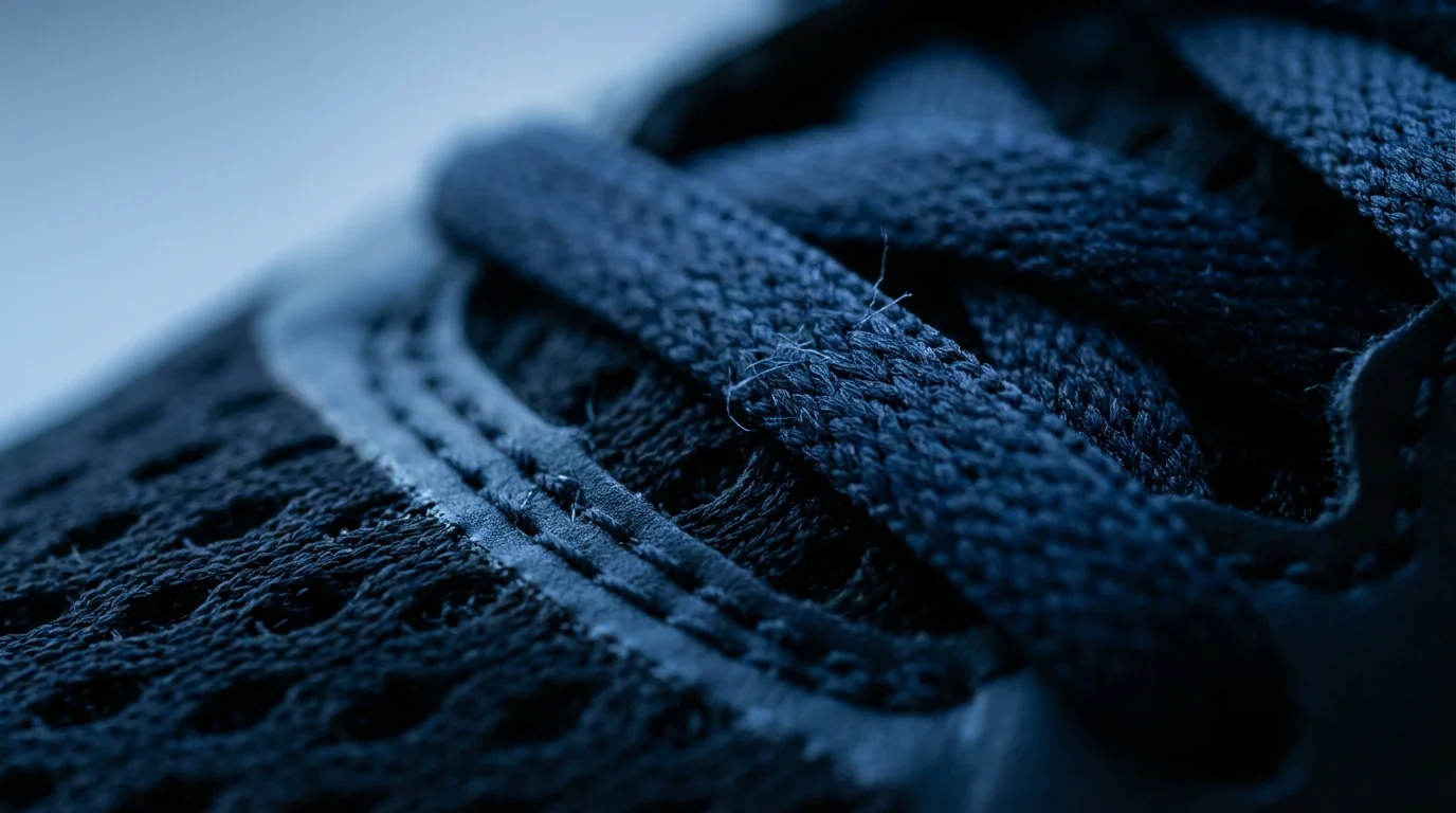 Macro photography close-up of athletic shoe laces and mesh texture under cool blue evening lighting.