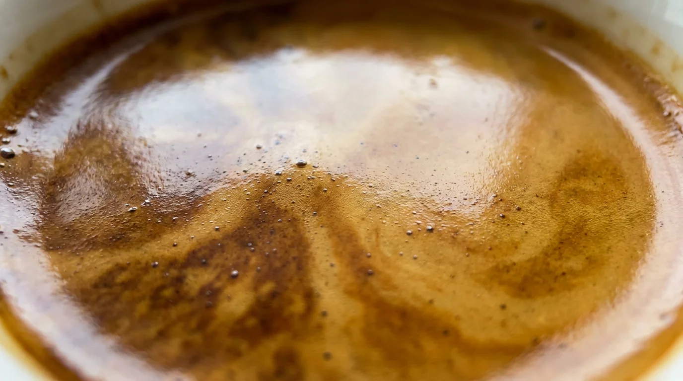 Macro photography close-up of espresso coffee foam texture and bubbles
