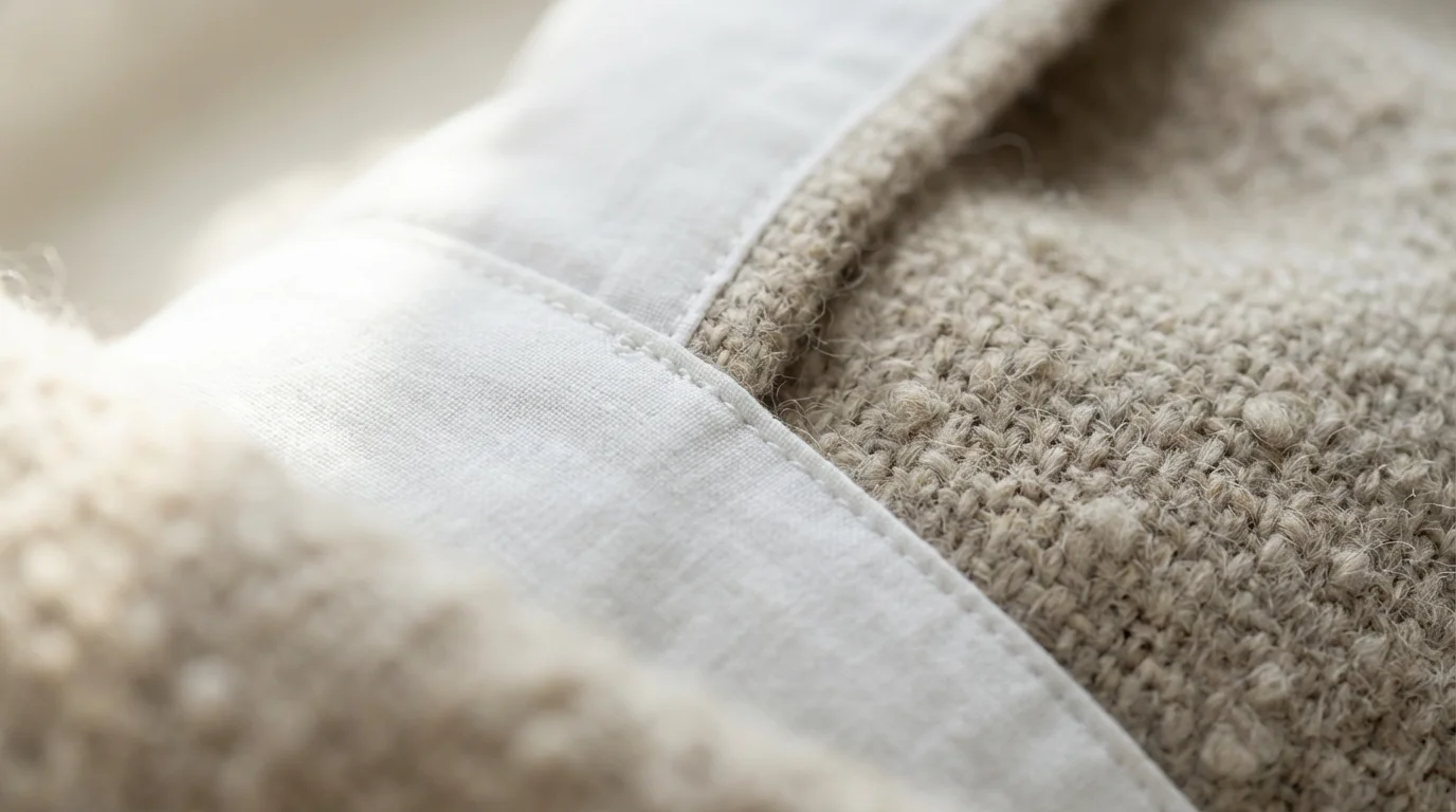 Macro photography detail of white cotton and beige wool fabric textures.