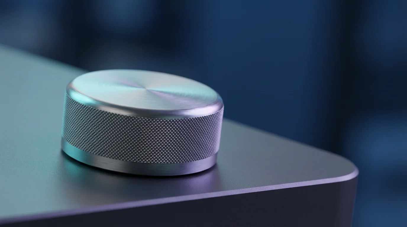 Macro photography of a brushed metal productivity dial illuminated by cool blue evening light