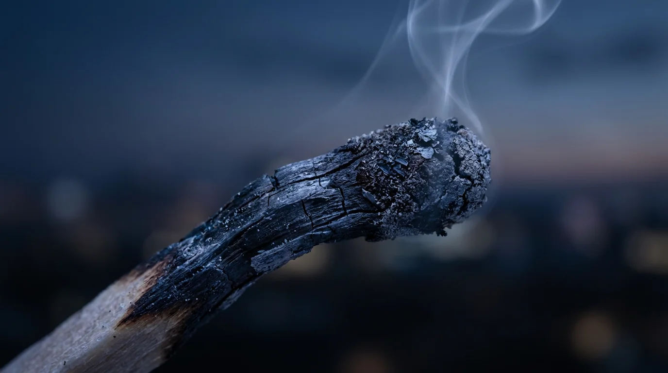 Macro photography of a burnt matchstick with smoke rising against a dark blue background.