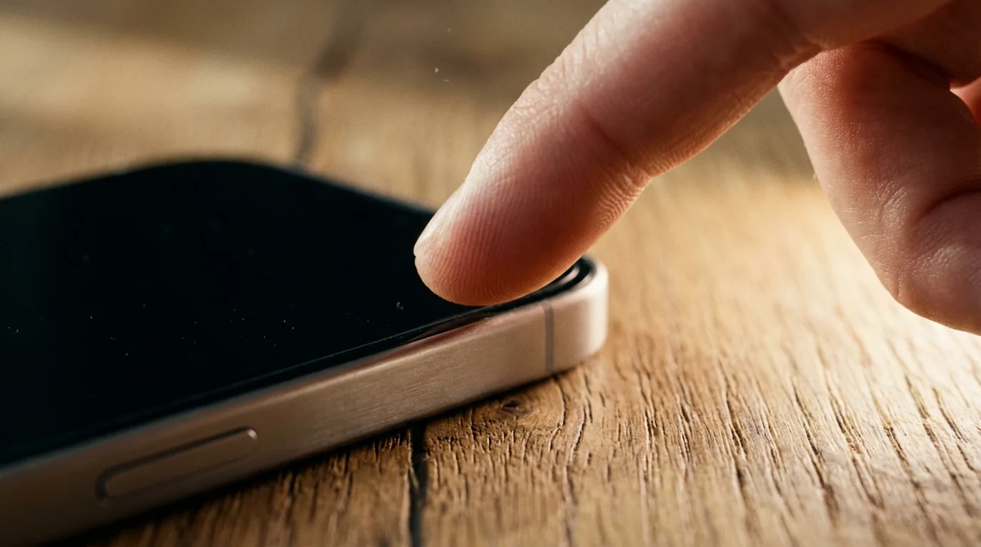Macro photography of a finger hesitating to touch a smartphone on a wooden table.
