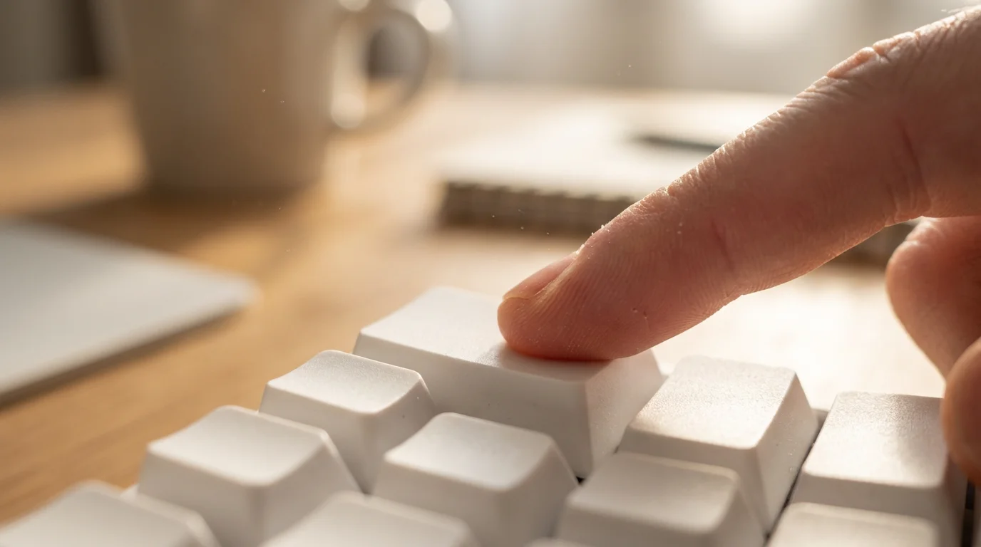 Macro photography of a finger pressing a blank keyboard key in soft morning light.